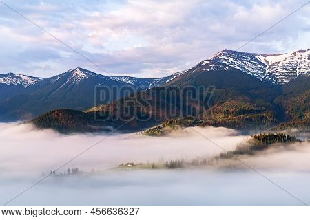 Cold Mountain Nature With Fog And House