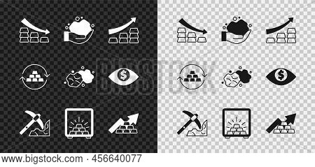 Set Falling Arrow With Gold Bars, Gold Nugget, Growth, Mining, Safe, Exchange Money And Icon. Vector