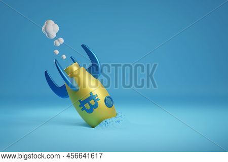 Spaceship With Bitcoin Crashed To The Ground With Copy Space. Bitcoin Crisis Concept. 3d Illustratio