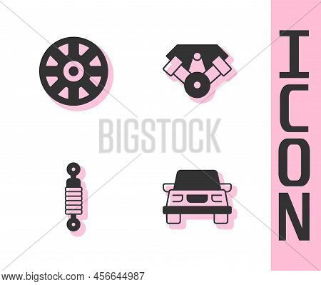 Set Car, Alloy Wheel For Car, Shock Absorber And Power Engine Icon. Vector