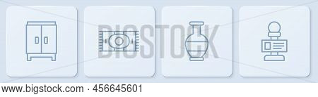 Set Line Wardrobe, Ancient Amphorae, Classic Carpet And Microphone. White Square Button. Vector