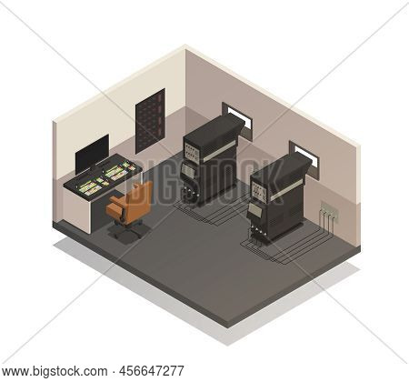 Empty Cinema Room For Projectionist Isometric Composition With Sound Control Panel And Projectors 3d