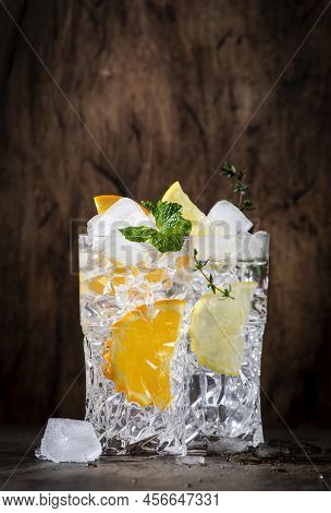 Gin Tonic Citrus Summer Cocktails Set. Long Drinks With Lime, Lemon, Grapefruit, Orange, Soda And He