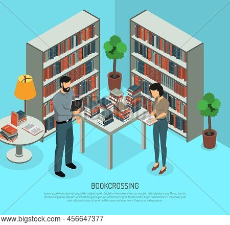 Isometric Bookcrossing Composition With Public Library Interior And Two Human Characters Sharing And