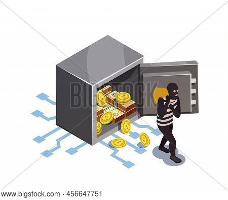 Data Encryption Cyber Security Isometric Composition With Electronic Safe Box Burglary And Human Cha