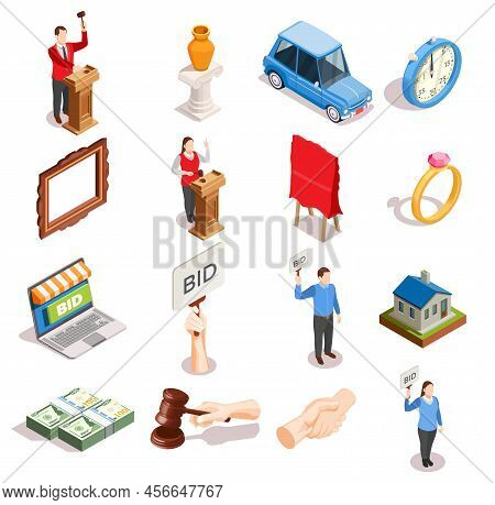 Auction Isometric Icons Set Of Isolated Goods Human Characters Hammer Handshake And Money Images Wit