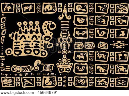 Ancient Signs Of America On A Black Background. Creative Design On The Theme Of Ancient Mayan Civili