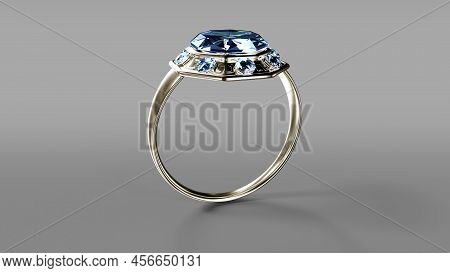 White Gold Engagement Ring With Diamond On Grey Background, Fictive - Abstract 3d Rendering