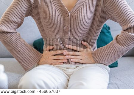 Flatulence Young Asian Woman, Girl Hand In Stomach Ache, Suffer From Food Poisoning, Abdominal Pain 