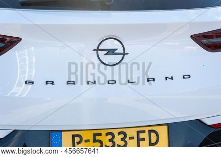 Tarragona, Spain - June 10, 2022: Opel Grandland Logo On A White Car Close-up.