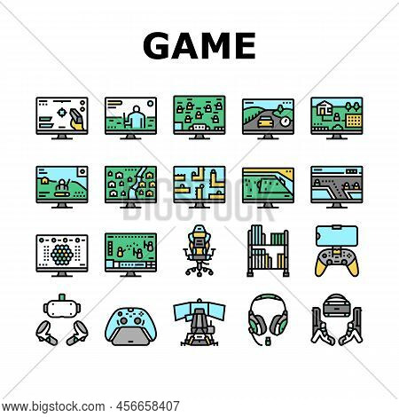 Video Game Electronic And Device Icons Set Vector. Racing Simulator And Simulation, Action And Adven
