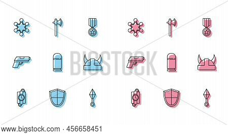 Set Line Dynamite Stick And Timer Clock, Shield, Police Badge, Japanese Ninja Shuriken, Cartridges, 