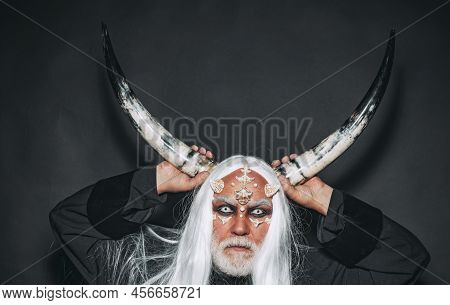 Wizard Demon Man With Dragon Skin And Horns. Tree Spirit And Fantasy Concept. Devil Horns. Alien Wit