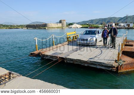 Raft Crossing Vivari Channel At Butrinto On Albania