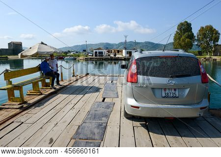 Raft Crossing Vivari Channel At Butrinto On Albania