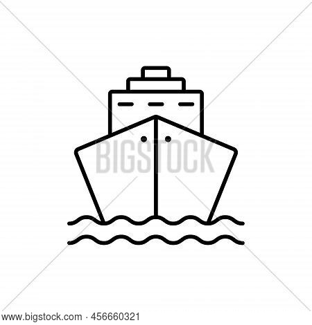 Black Cruise Ship Line Icon. Ocean Vessel Icon In Front View Linear Pictogram. Cargo Boat Outline Ic