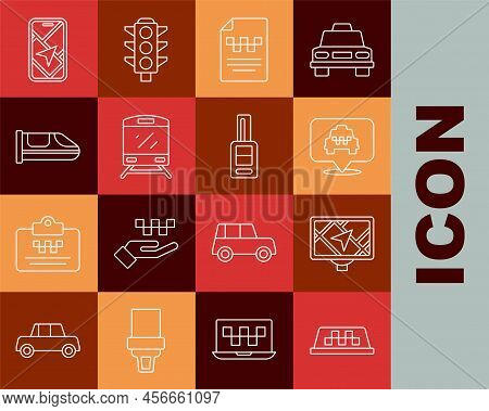Set Line Taxi Car Roof, Gps Device With Map, Location Taxi, Driver License, Train, High-speed Train,