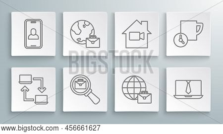 Set Line Online Working, Magnifying Glass With Briefcase, Video Chat Conference, Camera Off Home, Ti