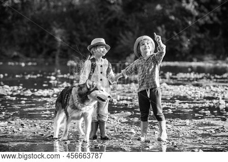 A Young Boy Child And Girl With Dog Playing Outside In A River In The Woods. Small Boy And Girl Is P