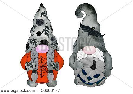 Two Gnomes With Halloween Decor. Hand Drawn Watercolor Illustration, Clipart Isolated On White Backg