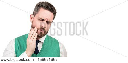 Man Face Portrait, Banner With Copy Space. Unhappy Mature Guy In Formalwear Suffering From Toothache