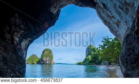 Railay Beach Krabi Thailand, The Tropical Beach Of Railay Krabi, Drone Aerial View Of Panoramic View