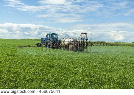 Agricultural Machinery, Tractor And Farmer In Agricultural Fields Of Wheat And Rapeseed And Dramatic