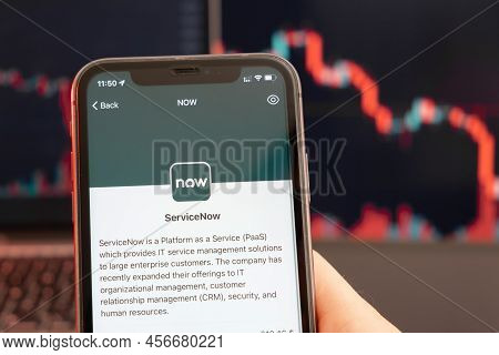 Servicenow Stock Price Decrease On The Trading Market With Downtrend Line Graph Bar Chart On The Bac