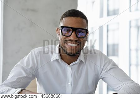 Headshot Webcam Portrait Successful African Businessman Make Video Call
