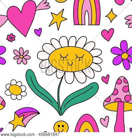 Cute Kawaii Y2k Daisy Seamless Pattern Background With Daisy Chamomile Flower, Hearts, Rainbow, Trip