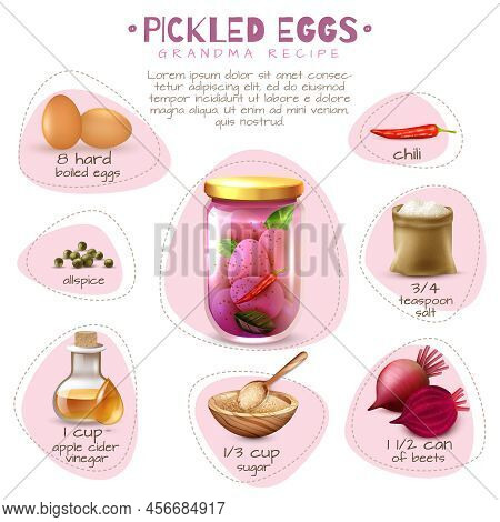 Canned Food Poster With Pickled Eggs Grandma Recipe With Ingredients On White Background Vector Illu