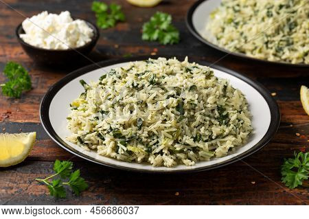 Spanakorizo, Greek Spinach Rice. Healthy Vegetarian Food.