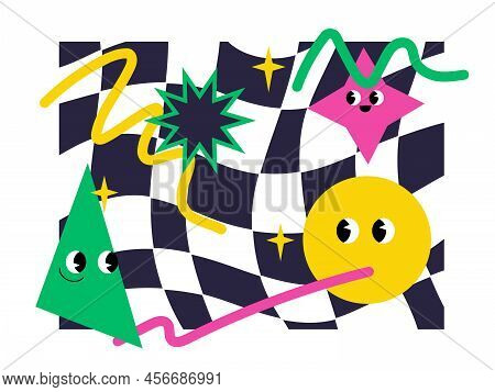 Vector Banner With Character Geometric Figures On Background. Cute Cartoon Characters, Colorful Vari