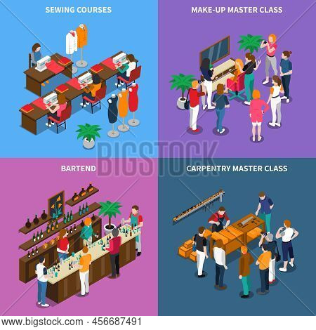 Isometric Concept With Master Class For Carpentry And Makeup, Sewing And Bartenting Courses Isolated