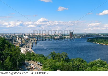 Kyiv, Ukraine - May 28, 2022: Podil District. View Of The Dnieper River, Poshtova Square