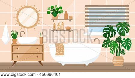 Cozy Bathroom Interior In Trendy Scandic Hygge Style With Bathtub, Plants, Sink And Accessories. Mod