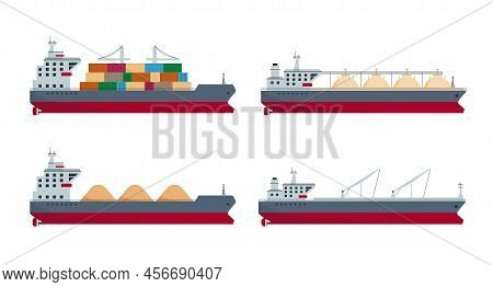 Set Of Sea Ships. Ocean Delivery And Shipping Boats. Gas, Oil Tanker And Cargo Ship. Sea Freight Tra