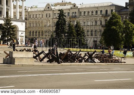 June 19, 2022 Ukraine City Of Kyiv Anti-tank Hedgehogs On Khreshchatyk