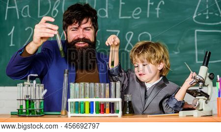 Back To School. Chemistry Experiment. Teacher Child Test Tubes. Kid Cognitive Development. Cognitive