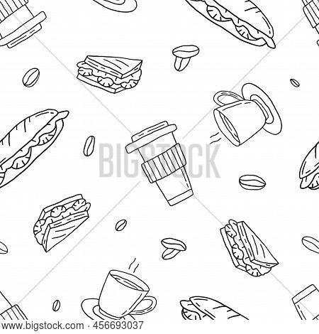 Breackfast Seamless Pattern. Coffee Cup, Beans, Sandwiches. Food And Drink. Hand Drawn Line Vector I