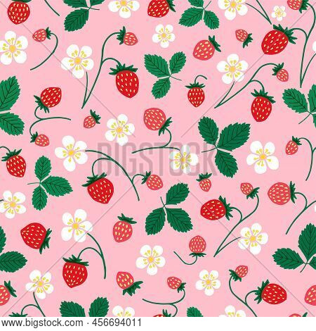 Strawberry Hand Drawing Pattern With White Flowers, Red Berries, Green Leaves. Cute Colorful Summer 
