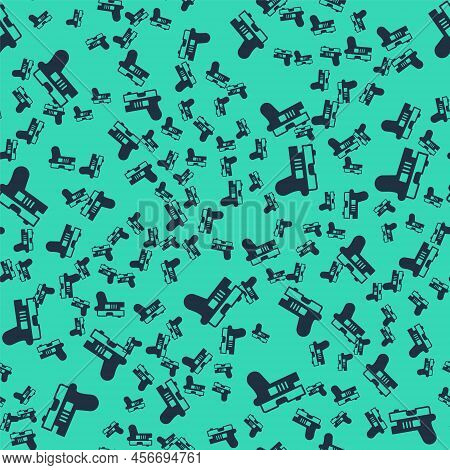 Black Futuristic Space Gun Blaster Icon Isolated Seamless Pattern On Green Background. Laser Handgun