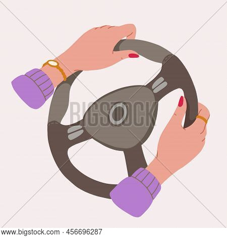 Female Hands On Steering Wheel In Flat Style For Print And Design. Vector Illustration.