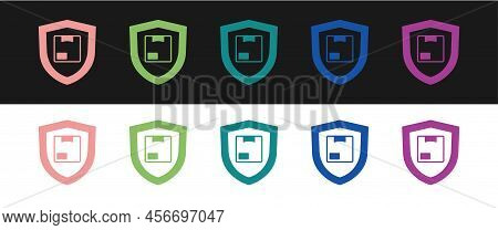 Set Delivery Security With Shield Icon Isolated On Black And White Background. Delivery Insurance. I
