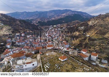 Aerial View Of Myki, Village In The Xanthi,greece. The Majority Of The Population In The Municipalit