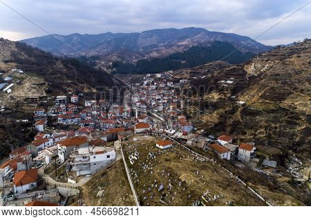 Aerial View Of Myki, Village In The Xanthi,greece. The Majority Of The Population In The Municipalit