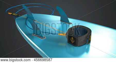 Rear Part Of A Short Surfboard With Tail, Fins And Leash - 3d Illustration