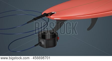 Rear Part Of A Short Surfboard With Tail, Fins And Leash - 3D Illustration