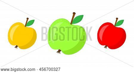 Three Apples On A White Background. Red, Green, Yellow Apples.
