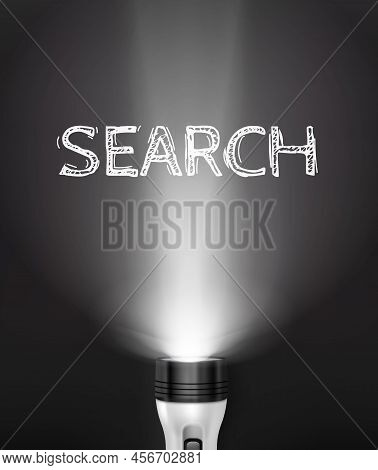 Colored And Bright Realistic Flashlight Search Concept With Light From Flashlight To Headline Vector